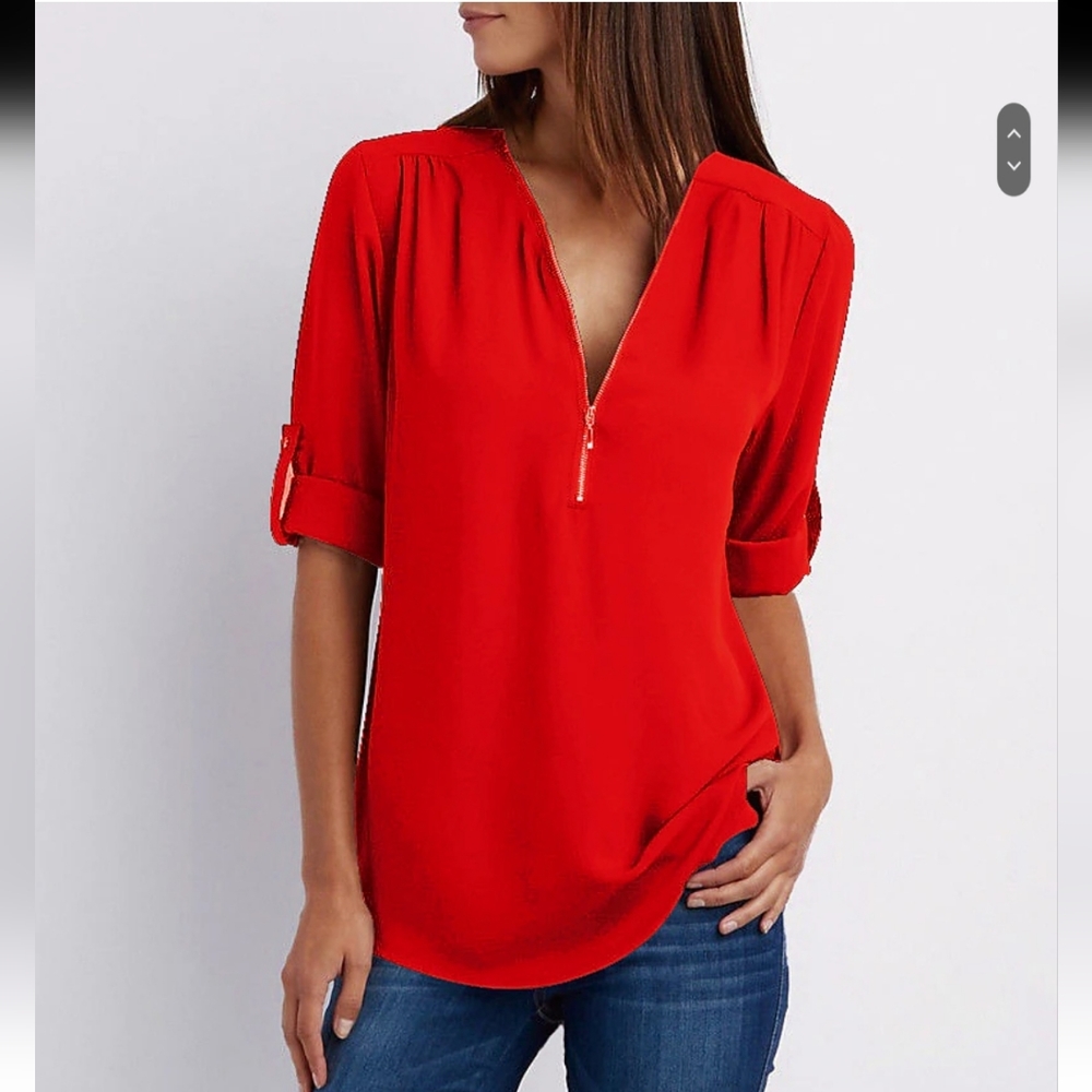 Women's Zipper, V Neck Chiffon 3/4 Sleeve Blouse Size M, Color-Red